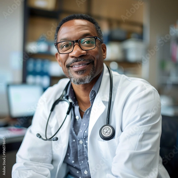 Obraz Portrait of confident african american senior man doctor sitting in a medical office, advice and consulting in clinic, therapist, healthcare
