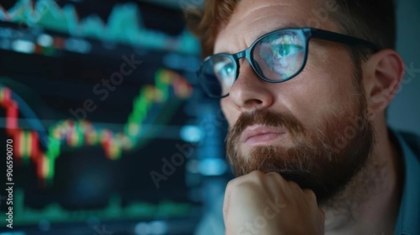 Fototapeta A focused businessman analyzes financial data on his computer screen.