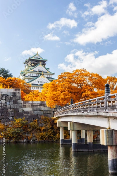 Obraz Zamek Osaka w Osace z jesiennymi liśćmi w Japonii.