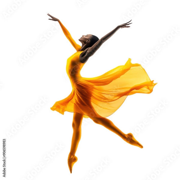 Fototapeta A woman in a yellow dress is dancing in the air