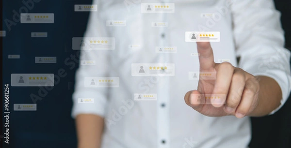 Obraz Customer review good rating concept, hand pressing user and five star icon on visual screen for positive customer feedback, testimonial and testimony, user comment and feedback for review.