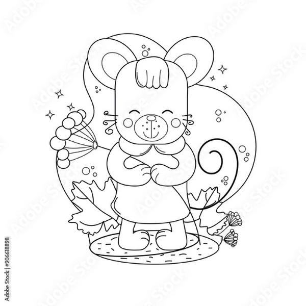 Obraz Childrens drawings coloring page. A mouse dressed in a colorful outfit while holding a small bouquet of flowers.