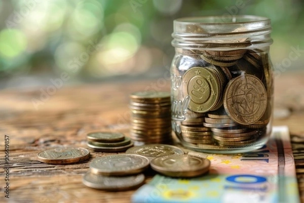 Fototapeta A jar full of coins and a stack of euros on a table