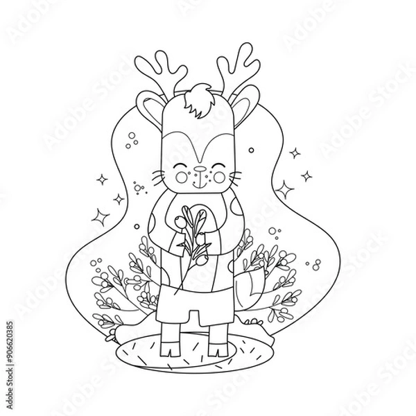 Obraz Childrens drawings coloring page. Cute reindeer character holding flowers.
