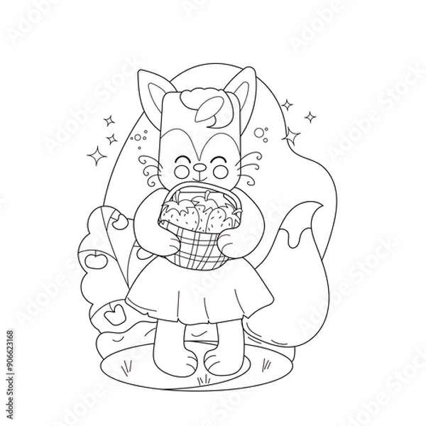 Obraz Childrens drawings coloring page. A fox character with oversized ears and a joyful expression stands in a vibrant garden