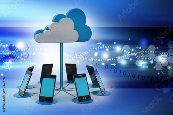 Obraz Smart phones network with cloud computing in color background