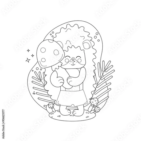 Obraz Childrens drawings coloring page. Cute Cartoon Hedgehog Holding Giant Mushroom Surrounded by Forest Elements. 