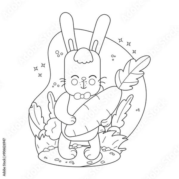 Obraz Childrens drawings coloring page. Cute Bunny Character Holding a Large Carrot Surrounded by Vegetables.