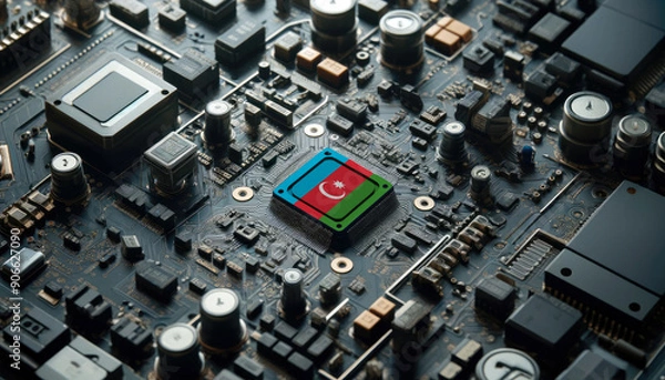 Fototapeta A high-tech circuit board showcasing a microchip with the Azerbaijan flag, emphasizing Azerbaijan role in pioneering advanced electronics and microtechnology innovations