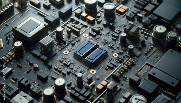 Fototapeta A high-tech circuit board showcasing a microchip with the Botswana flag, emphasizing Botswana role in pioneering advanced electronics and microtechnology innovations