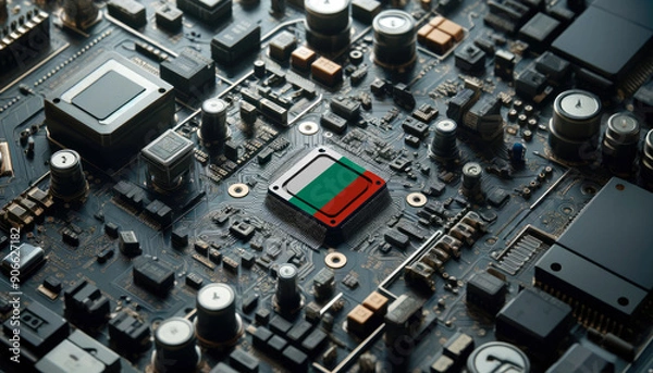 Fototapeta A high-tech circuit board showcasing a microchip with the Bulgaria flag, emphasizing Bulgaria role in pioneering advanced electronics and microtechnology innovations