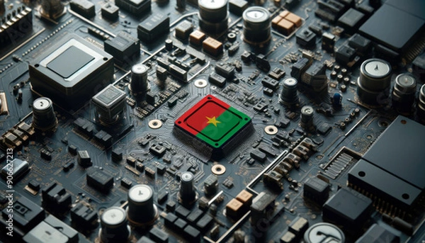 Fototapeta A high-tech circuit board showcasing a microchip with the Burkina Faso flag, emphasizing Burkina Faso role in pioneering advanced electronics and microtechnology innovations