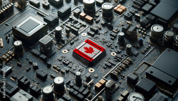 Fototapeta A high-tech circuit board showcasing a microchip with the Canada flag, emphasizing Canada role in pioneering advanced electronics and microtechnology innovations