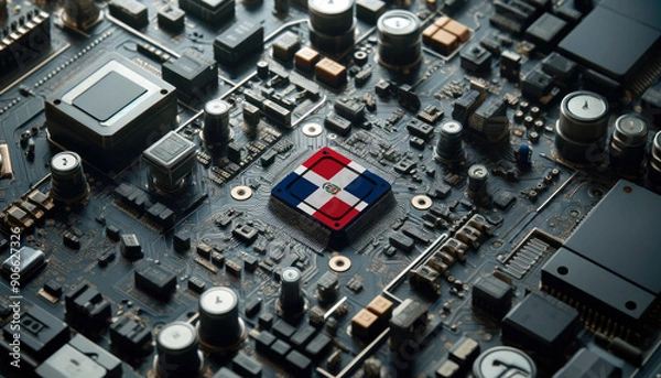 Fototapeta A high-tech circuit board showcasing a microchip with the Dominican Republic flag, emphasizing Dominican Republic role in pioneering advanced electronics and microtechnology innovations