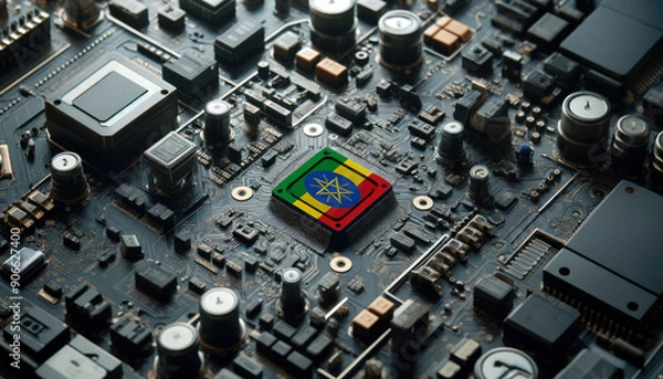 Fototapeta A high-tech circuit board showcasing a microchip with the Ethiopia flag, emphasizing Ethiopia role in pioneering advanced electronics and microtechnology innovations