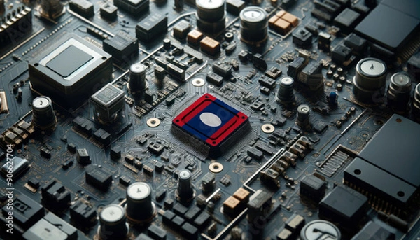 Fototapeta A high-tech circuit board showcasing a microchip with the Laos flag, emphasizing Laos role in pioneering advanced electronics and microtechnology innovations