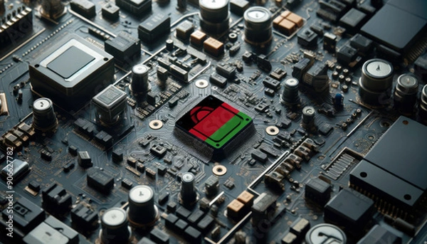 Fototapeta A high-tech circuit board showcasing a microchip with the Malawi flag, emphasizing Malawi role in pioneering advanced electronics and microtechnology innovations