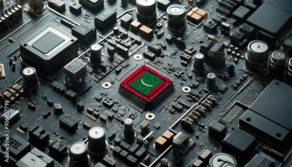 Fototapeta A high-tech circuit board showcasing a microchip with the Maldive flag, emphasizing Maldive role in pioneering advanced electronics and microtechnology innovations