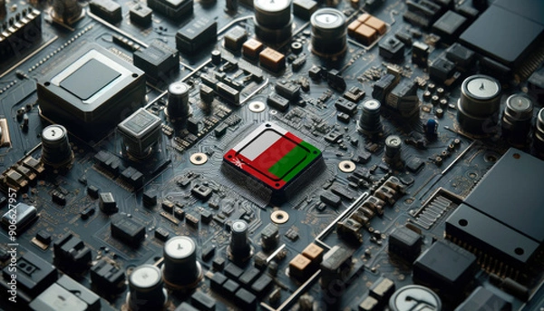Fototapeta A high-tech circuit board showcasing a microchip with the Oman flag, emphasizing Oman role in pioneering advanced electronics and microtechnology innovations