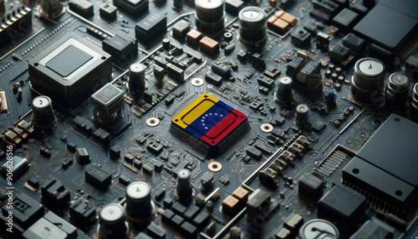 Fototapeta A high-tech circuit board showcasing a microchip with the Venezuela flag, emphasizing Venezuela role in pioneering advanced electronics and microtechnology innovations