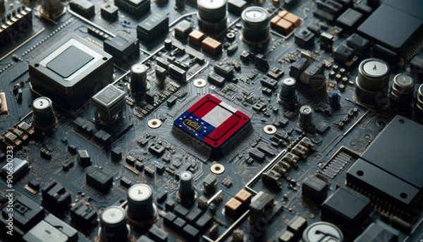 Fototapeta A high-tech circuit board showcasing a microchip with the Georgia flag, emphasizing Georgia role in pioneering advanced electronics and microtechnology innovations