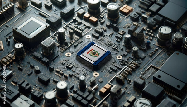 Fototapeta A high-tech circuit board showcasing a microchip with the West Virginia flag, emphasizing West Virginia role in pioneering advanced electronics and microtechnology innovations