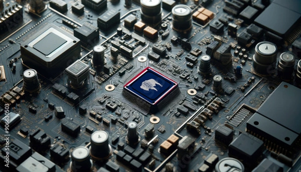 Fototapeta A high-tech circuit board showcasing a microchip with the Wyoming flag, emphasizing Wyoming role in pioneering advanced electronics and microtechnology innovations
