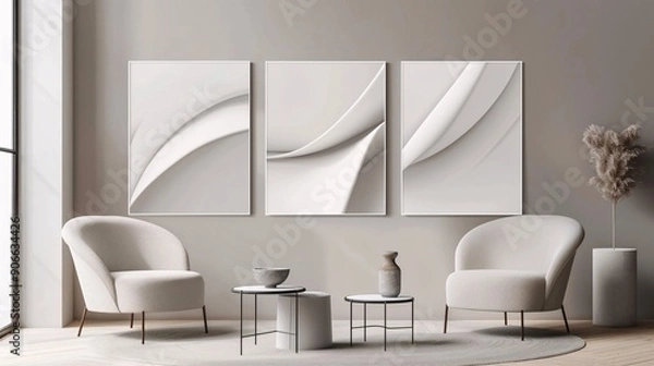 Fototapeta A trio of abstract posters showcasing a continuous minimalistic design on a white background, ideal for a modern and refined interior setting