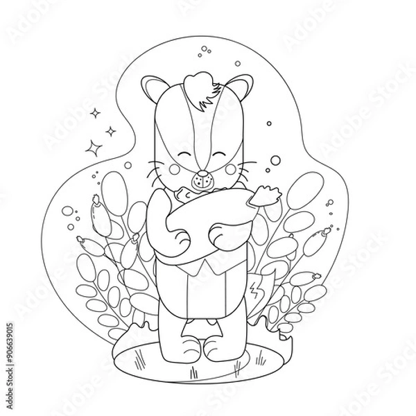 Obraz Childrens drawings coloring page. Cute cartoon badger holding a wild berry in the middle of the forest. Vector.