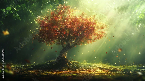 Obraz Sunlight shines through the dense forest, red leaves