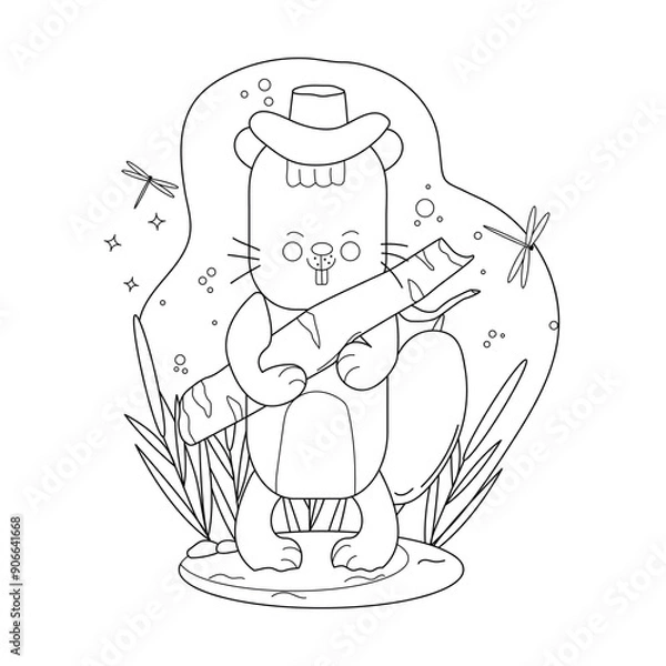 Obraz Childrens drawings coloring page. Charming cartoon beaver with a birch branch in the middle of a lake with reeds. Vector
