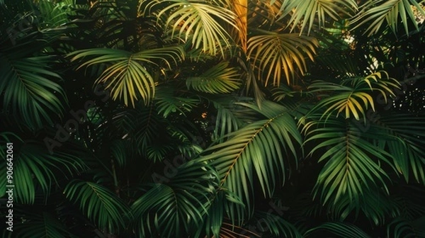 Fototapeta A sunny day with light shining through palm tree leaves