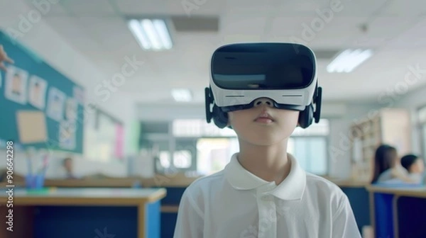 Fototapeta A student is experiencing virtual reality with a headset in a classroom