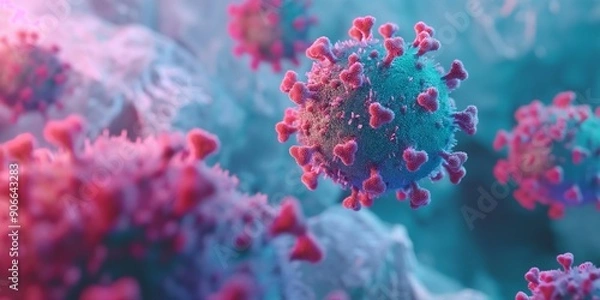 Fototapeta An up-close, highly detailed view highlighting the distinctive structure of the COVID-19 virus with its spiked protrusions.