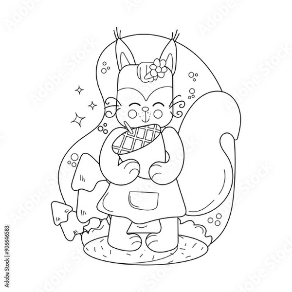 Obraz Childrens drawings coloring page. A squirrel holds an acorn in his hands against the background of a forest. Vector