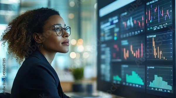 Fototapeta A woman is looking at a computer monitor with a lot of graphs and numbers on it. She is wearing glasses and she is focused on the screen