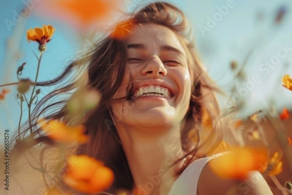 Fototapeta Joyful young woman with a radiant smile enjoying a sunny day surrounded by vibrant flowers. Generated AI