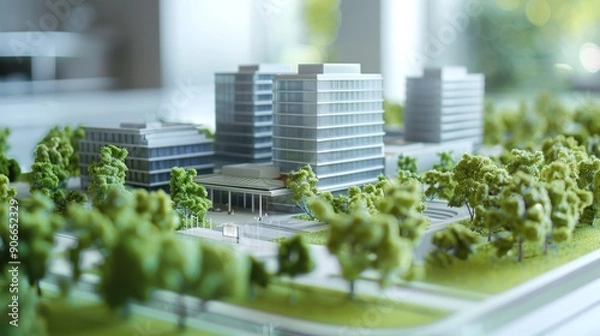Fototapeta Generate a photo realistic image of a maquette depicting a corporate headquarters with modern architecture, office towers, and landscaped gardens; ensure the image is of high resolution