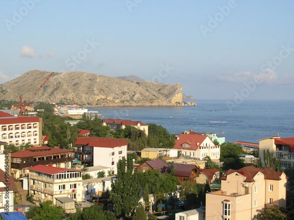 Fototapeta View of Sudak and Cape Alchak on a summer day