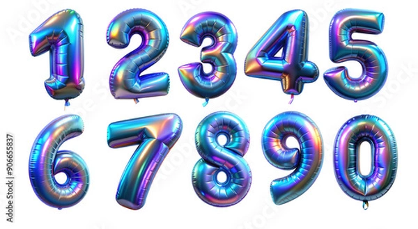 Obraz Holographic foil balloon shaped as the number 0-9. Iridescent colors on a shiny surface, perfect for celebrations, birthdays, and events. Isolated on transparent background