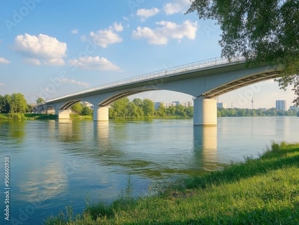 Fototapeta Sunny day over tranquil river under modern bridge in urban landscape