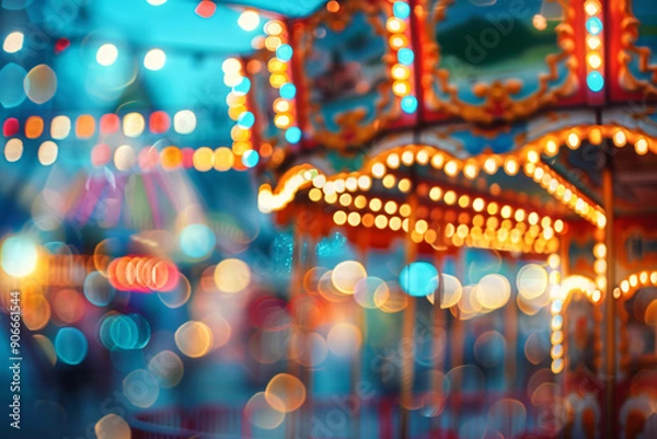 Fototapeta Fully blurred defocused background of an amusement park or state fair carusell, bokeh lights in the evening