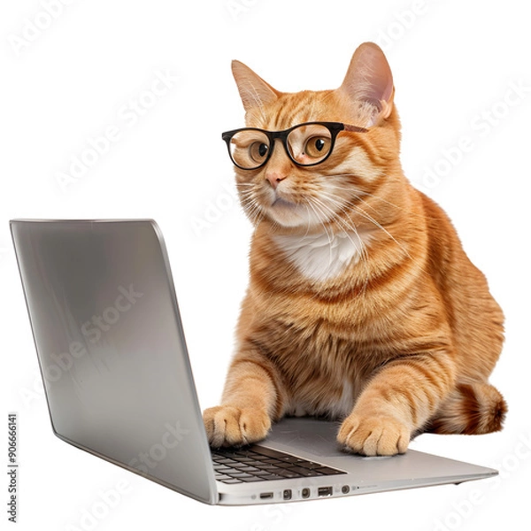 Fototapeta cat wearing glasses using laptop isolate on Transparency Background