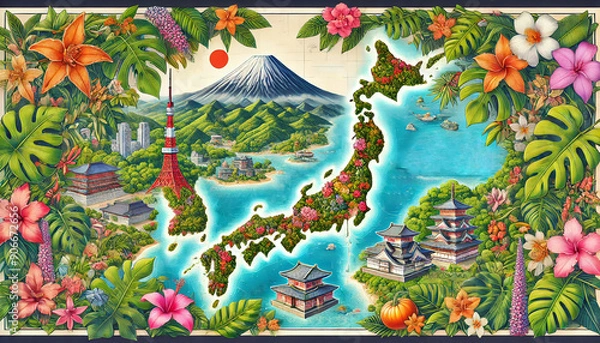 Fototapeta Vivid and Detailed Map of Japan's Tourist Attractions