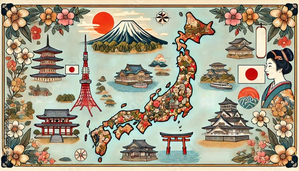 Fototapeta Colorful and Detailed Map of Japan's Tourist Attractions
