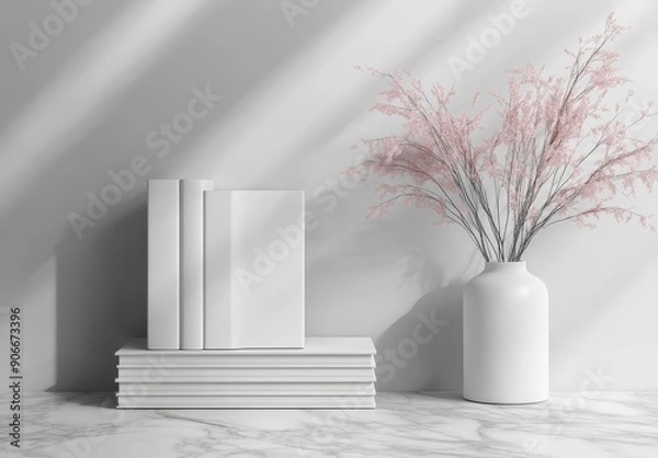 Fototapeta A mock up of a hardcover book isolated on a soft gray background. The image is 3D illustrated.