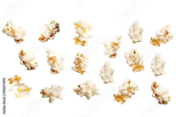 Fototapeta Set Of Falling Popcorns PNG Popcorn Cinema Snack isolated on white and transparent background - kernels Fluffy Buttery Popcorn Theater Food Concept
