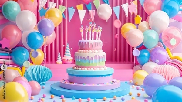 Fototapeta Colorful birthday party scene with a large tiered cake, balloons, and festive decorations in vibrant pink and blue colors.