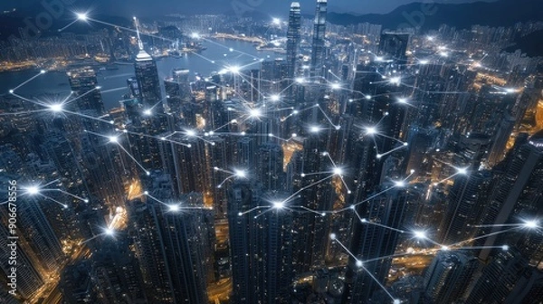 Fototapeta A vibrant cityscape showcases glowing buildings and illuminated streets, creating a striking visual of urban life during nighttime