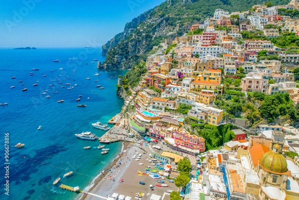 Obraz Positano town, beach and beautiful colorful houses on the cliff in Amalfi coast in Italy